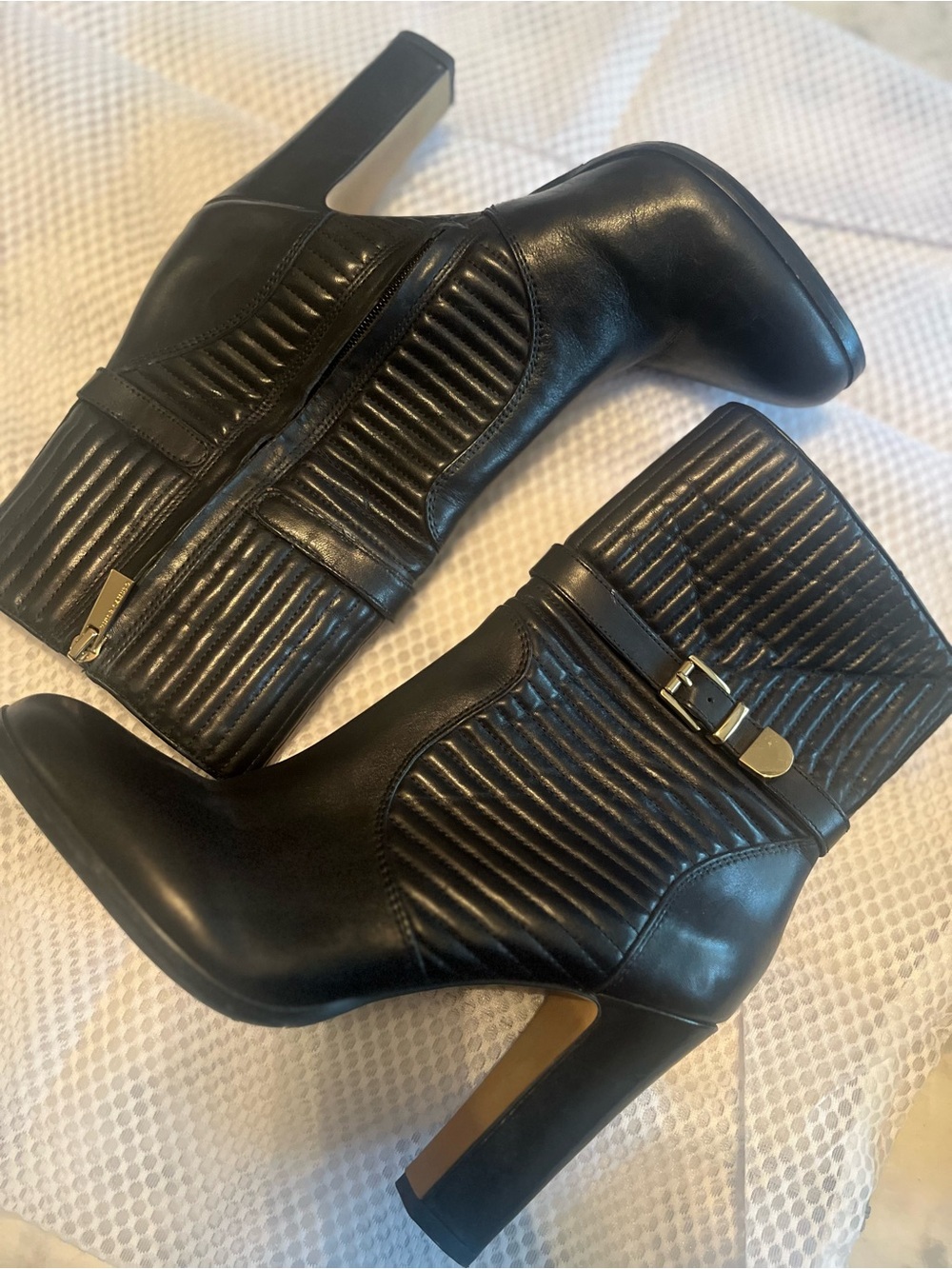 Vince Camuto Black Quilted Ankle Booties with Gold Buckle